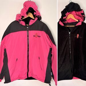 Six Flags Employee Winter Jacket Pink Reversible Fleece Hooded Full Zip Women L